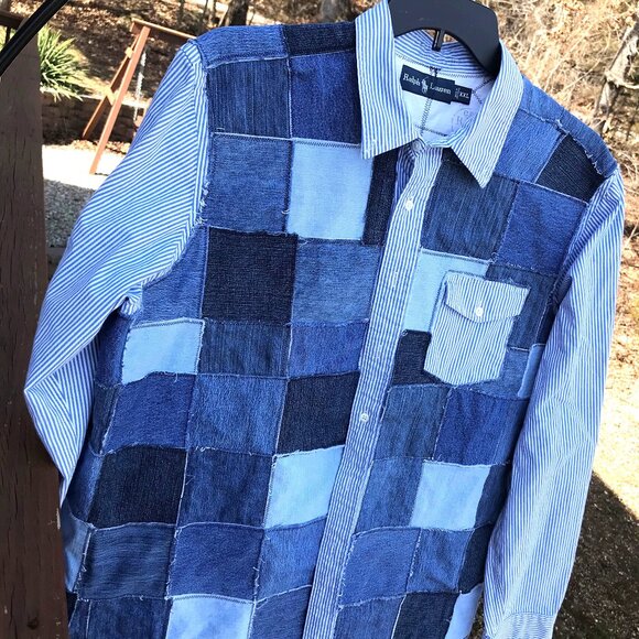 Patchwork Jean Jacket, Men's Size XXL: Upcycled Table Rock Lake Denim Shirt - Picture 6 of 13